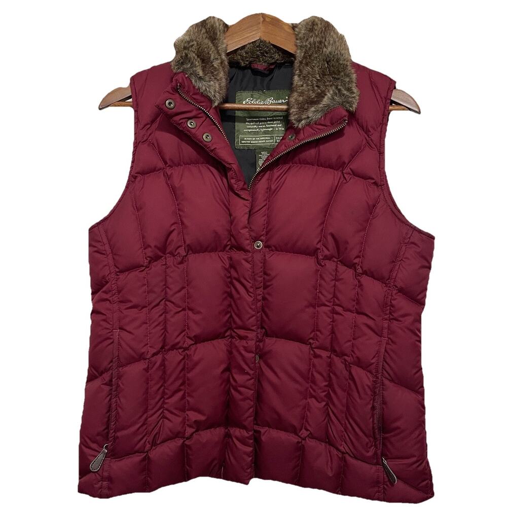 Eddie Bauer Premium Goose Down Quilted Vest Faux Fur Collar Medium